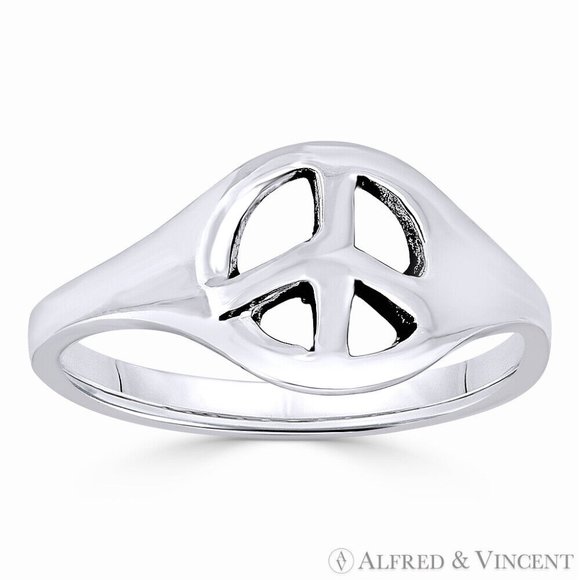 Peace Sign Charm Hippie Symbol Right-Hand Ring in 925 Sterling Silver - Size 8 - Picture 1 of 1